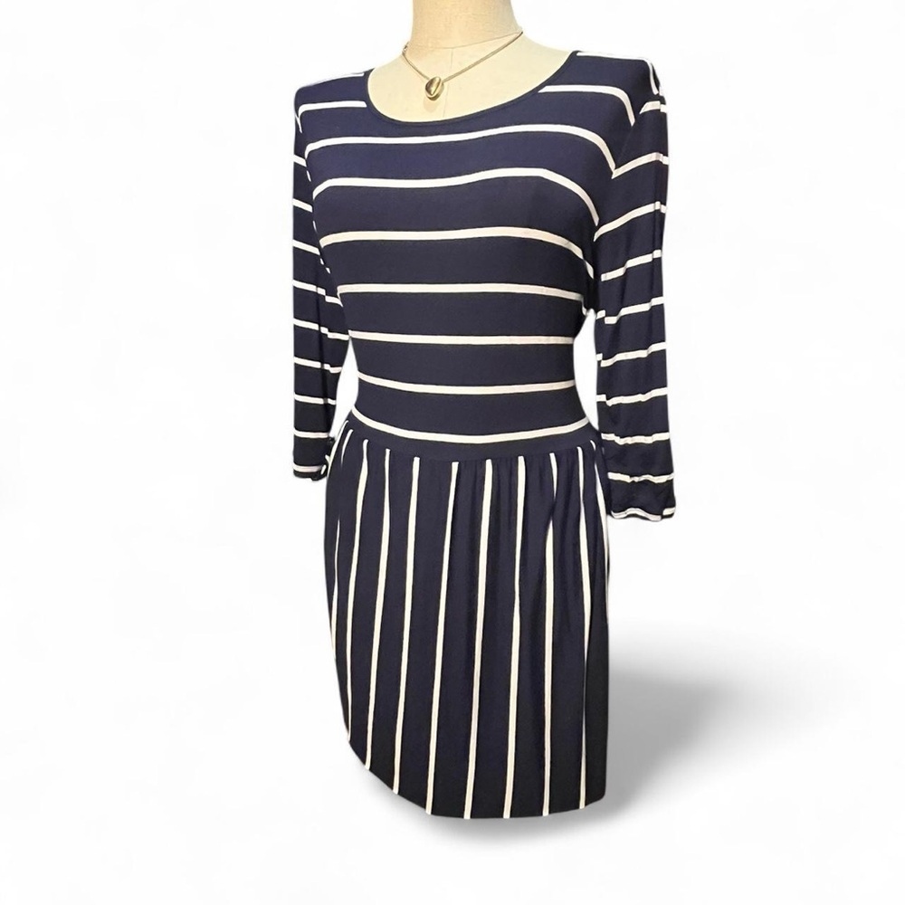 Zenana Outfitters Navy and Cream Striped Long Sleeve Dress